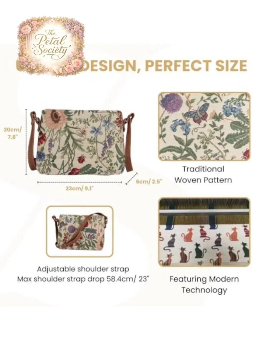 Tapestry Convertible Crossbody Shoulder Bag Faux Leather Accents Zip Top